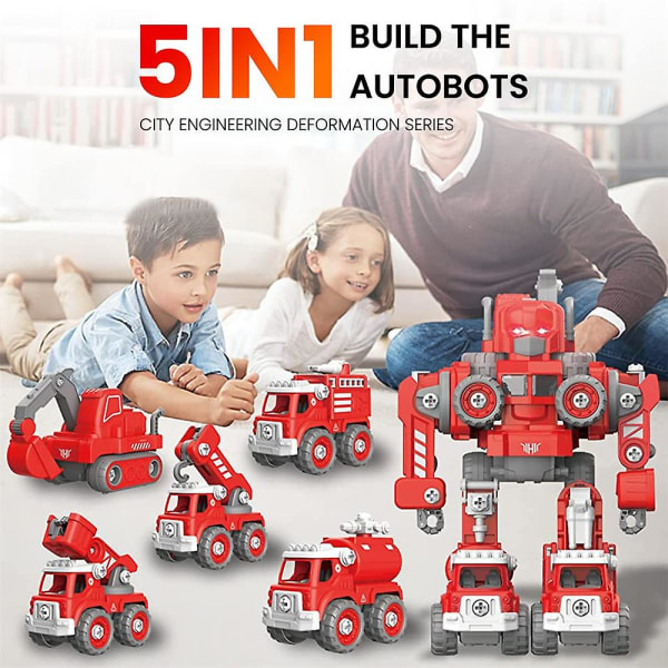 5 i 1 Demontera Brandbil Robotleksak för Pojkar Leksaker Stem Brandbil Leksaksset