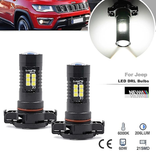 2x LED Kjørelys For Jeep Compass 2017 2018 2019 2020 2021 Canbus Psx24w Psx24 2504 Dlrs Pære Parkeringslys Dagslys-yuyu