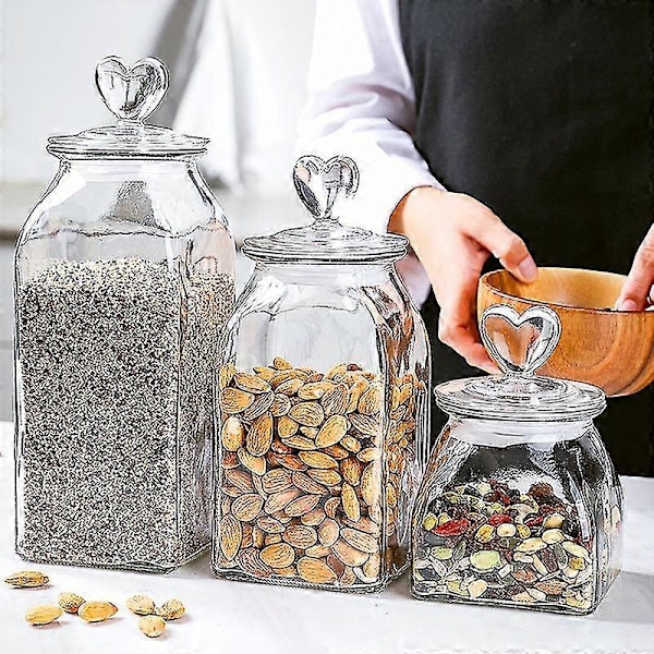 Glasburk med hjärtformat lock, köksburk för kaffe, förvaringsburk för torkad frukt, köksartiklar, matförvaringsbehållare 1800ml
