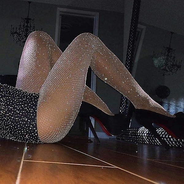 Sexiga höga midjetights med glittrande strassfisknät, festliga strassnätstrumpor (naturliga)