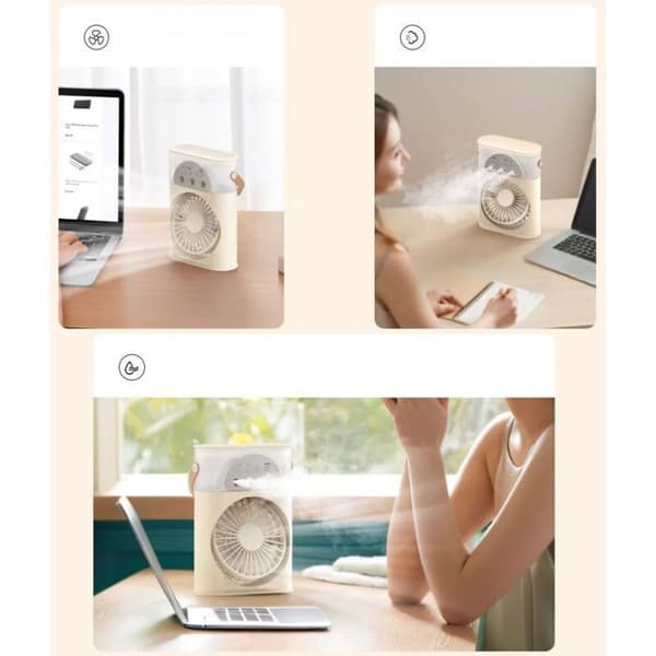 Liten multifunksjonell bærbar tåkefan (3-hulls design, direkte strøm, 3 vindhastigheter, beige)