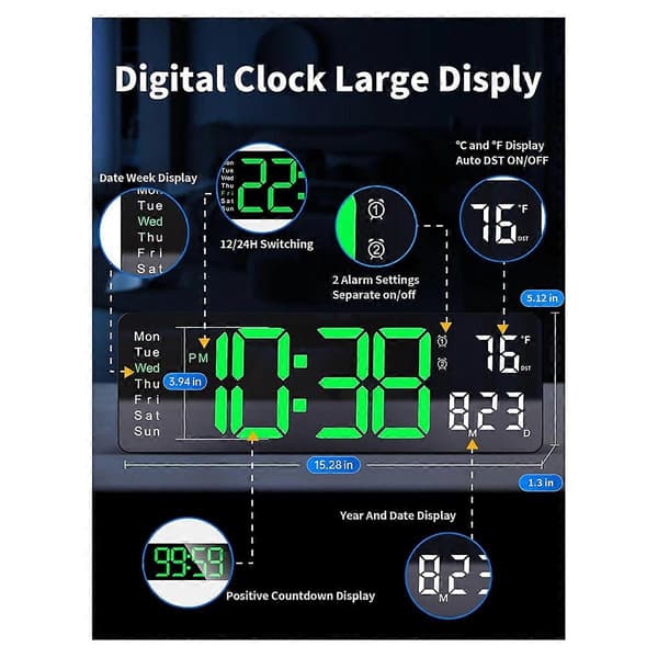 Digital Väggklocka, Stor Display Digital Klocka med Fjärrkontroll, för Vardagsrum, Sovrum, Dekor