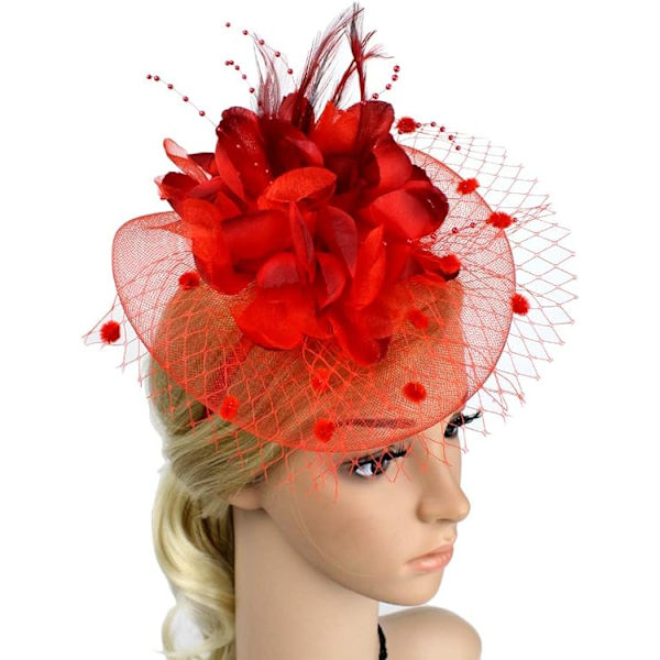 Damer Fascinator Pillbox Hatt Kvinner Blomst Bowler Hatt Fjær Brud Bryllup Cocktail Hatt Hårklipp Fest Hatt Hårtilbehør med Hårløkke red