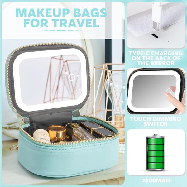 Mini makeuptaske med 3-mode LED-spejl - Bærbar justerbar lysstyrke kosmetikarrangør til polfest, arbejde og touch-ups Blue