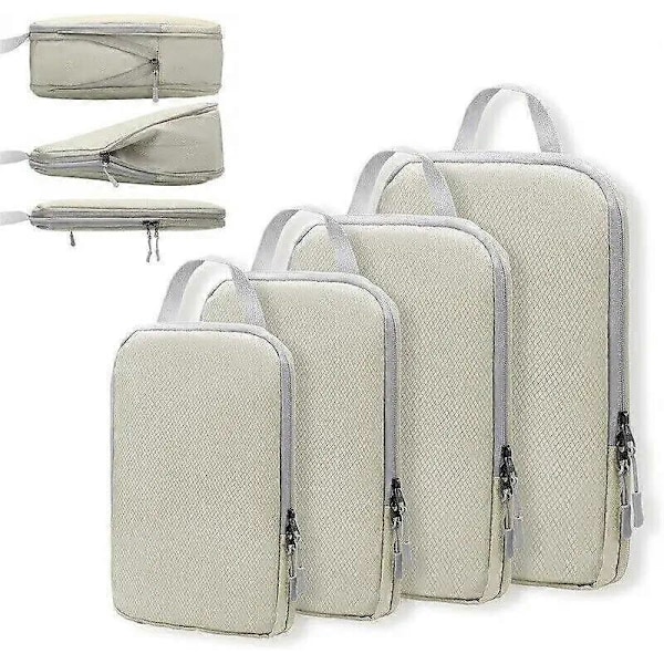 Kompressionspåsar för Resor 4 st Kompression Reseorganisatör Resväska Organizer Väskor Set Packningskuber Resa Dubbelsydda beige