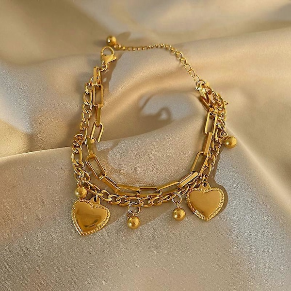 Guldpläterat armband i rostfritt stål med flera kedjor och berlocker i form av boll och hjärta för kvinnor