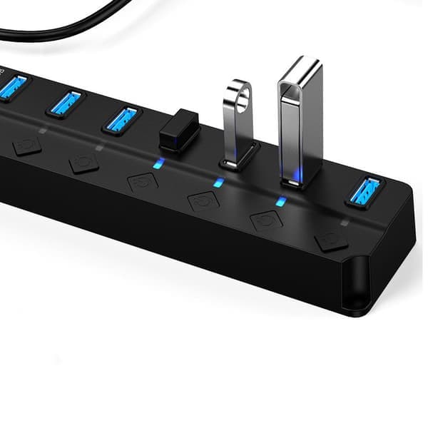 USB 3.0 hub 5 Gbps 7-porter med individuelle av/på-knapper