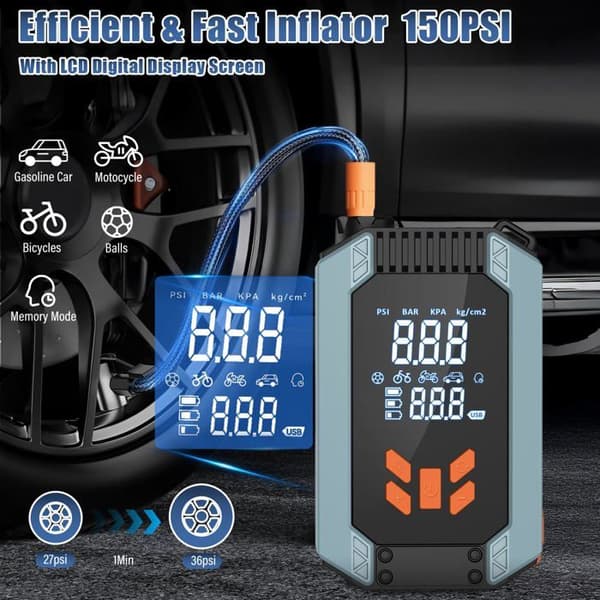 Kraftfull 12V 1200A Bilbatteri Booster Startare, med 150 PSI Luftkompressor och Säkerhetsklämmor