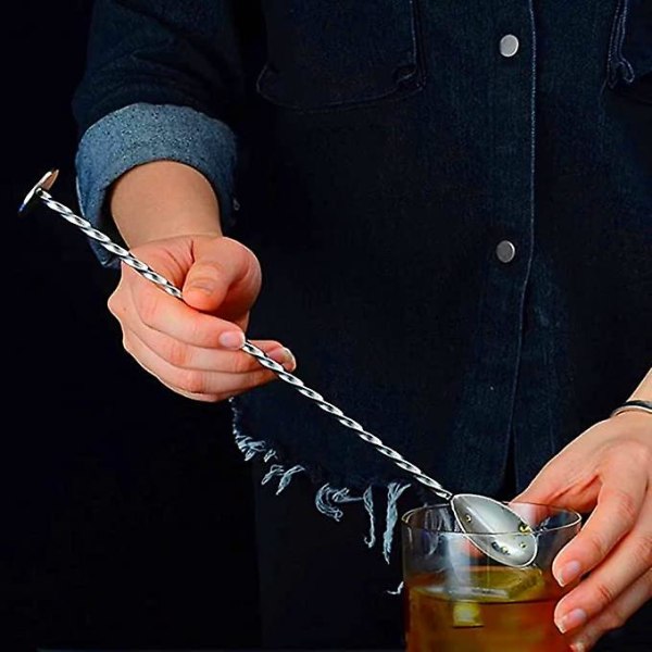 Bar Langt Håndtag skeer Rustfrit Stål Bartender Blandeske Cocktail Shaker Ske med Spiralmønster (3 stk, Sølv)