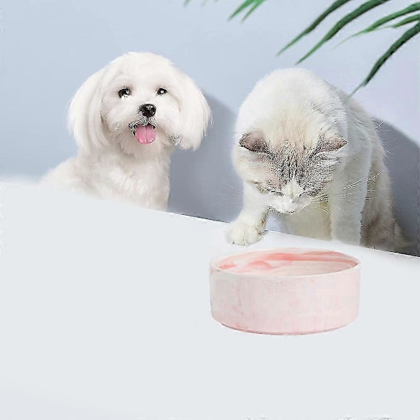 Keramisk katte- og hundeskål, hevet mat- og vannskål med sklisikker treramme pink Stim 13cm