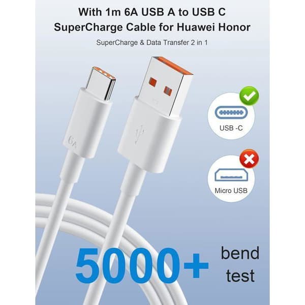 66W Supercharge Hurtigoplader til Honor 90 Lite / 200 Lite – Inkluderer 6A USB-C Kabel (1m)
