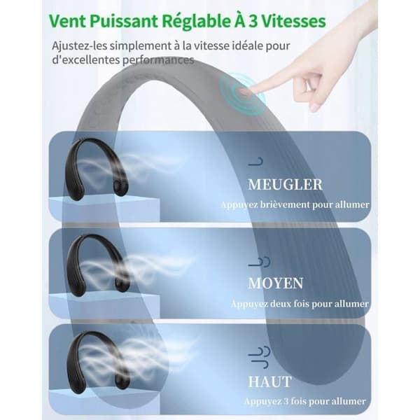 Bærbar Bladeless Halsventilator, Lydløs Håndfri Halsventilator, 3000mAh USB Genopladeligt Batteri, 3 Hastigheder, Sort