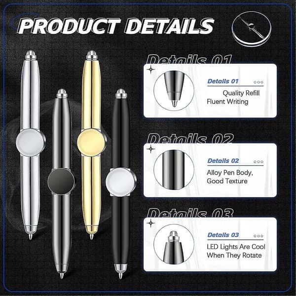 4 stk Fidget Pen Spinner Penn med LED-lys Multifunksjonell Kul Angstpenn Hjelper Stressreduserende Kulepenn (som vist)