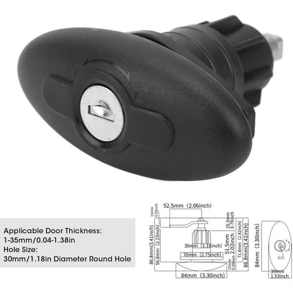 Bobilluke-lås, 30 mm oval kompresjonslås laget av nylon og sinklegering for bobiler og campingvogner