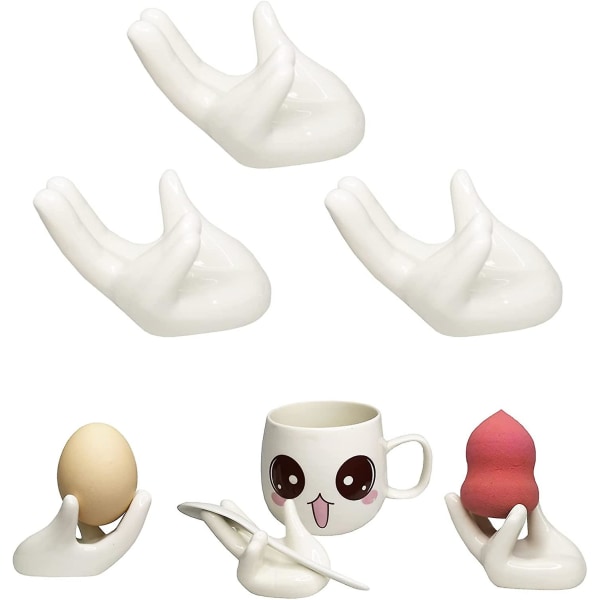 Sett med 3 kreative keramiske håndformet eggekoppholder Porselens eggkopp påskeegg displaystativ for hardkokte egg Frokostbord Kjøkkengave(hvitt
