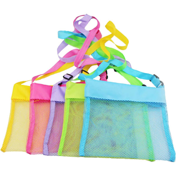 Sæt med 5 Farverige Mesh Strandtaske Skalkollektionstaske Legetøjskrammeskal med Justerbar Rem Børne Strandtaske (5-pak)