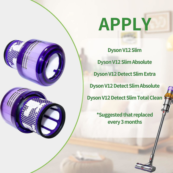 Sæt med 2 Dyson V12-filter, til Dyson V12 Slim Absolute Filter Støvsuger, Til Dyson V12 Filter Vaskbart Hepa-tilbehør, Dyson V12 Sl Bagfilter