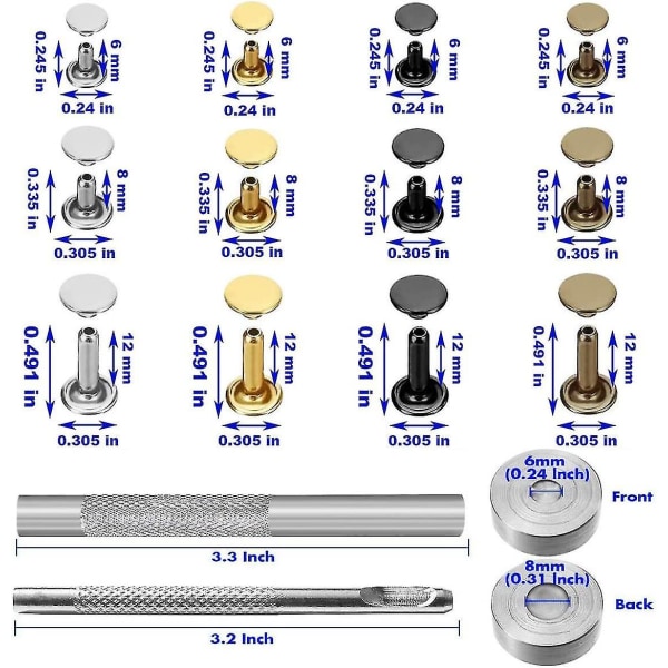 484-osainen nahkanitit, tuplanitit, putkiniitit, metalliset niitit, 3 kokoa, lävistyspihdeillä ja 3-osaisella asetustyökalulla nahkatöiden korjaukseen