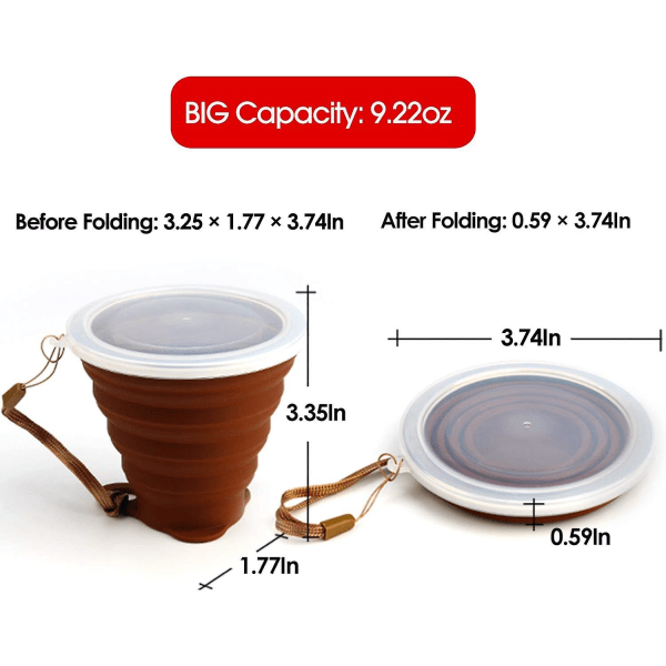 Hopfällbar reskopp i silikon - Hopfällbar campingmugg i silikon med lock - Expanderbar drickskopp - BPA-fri, bärbar, graderad [9,22oz]