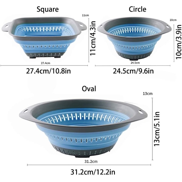 Sæt med 3 sammenklappelige køkkensi, perfekt til at dræne pasta, grøntsager og frugt Blue