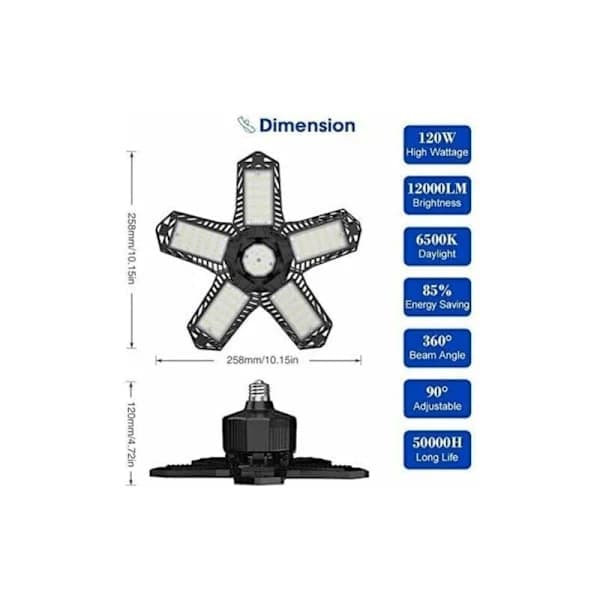 LED garasjebelysning - 120 W - 12000 lm - Verkstedlampe - Deformerbare taklamper - E26/E27 paneler - 1 lampe