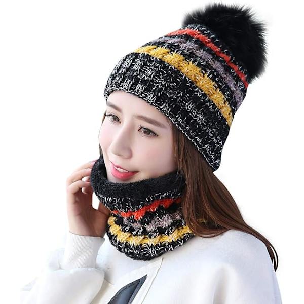 Vinterstrikket lue- og skjerfsett for kvinner, beanie med pompom Black