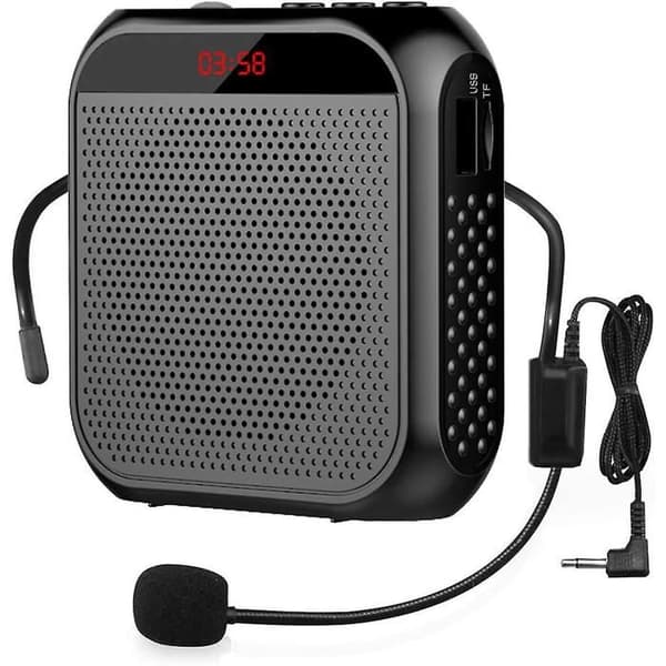 Bærbar stemmeforstærker med kablet headset og genopladelig højttaler (sort)