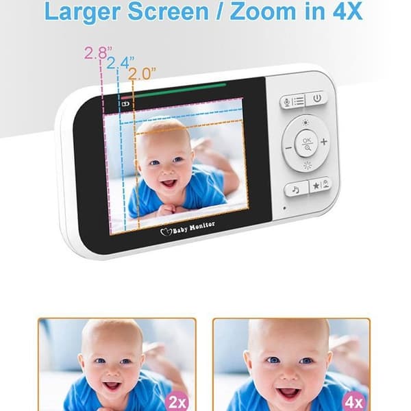 Babycall med kamera – 2,4\" LCD-skjerm – ECO-modus, ingen WiFi, 2X zoom, temperatursensor – Hvit