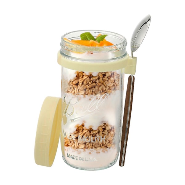 Glas Havregrynsbeholder med Ske - 350ml Flerfarvet 10 oz Mason Jar med Bred Mund til Havregryn Natten Over, Morgenmadsprodukter, Yoghurt - Lufttæt Forsegling og Lækagesikkert Låg Yellow 600ML