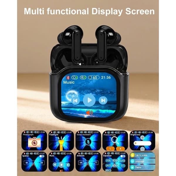 Smarte Touchscreen Høretelefoner – Bluetooth 5.4 Trådløse – LED Display – ANC/ENC Støjreduktion – Sort