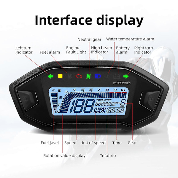 2023 Nyhet 7 Färger Digital Hastighetsmätare Moto Instrumentbräda 10000RPM Motorcykel LCD Display Odometer Varvräknare för 1,2,4 Cylinder 1