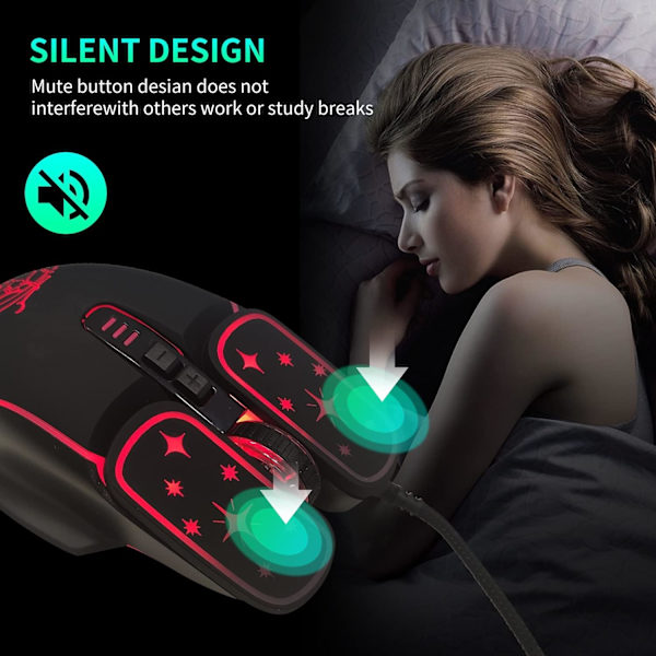 Gaming Mus, 4 farver baggrundsbelyst optisk spilmus ergonomisk USB kablet med 7200 DPI og 6 knapper 4 skydning til computer/Win/Mac/Andriod/iOS (sort)