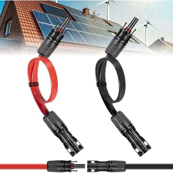 4mm² platt solpanelkabel; flexibelt IP67 solcellsförlängningspar; röda/svarta kontakter och kopplingar