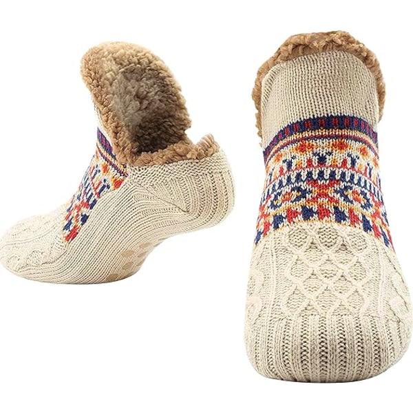 Slipper Fluffy Socks til kvinder og mænd, varme sokker, strikkede sokker, uld Sherpa Fuzzy Bed Slippers One Size Non Slip(Beige)