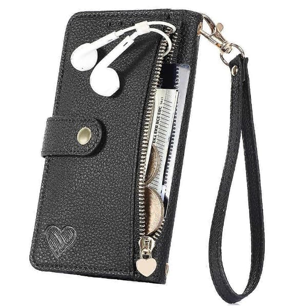 Etui til iPhone 14 Pro Wallet Love Lynlås Læder Etui Lanyard Black