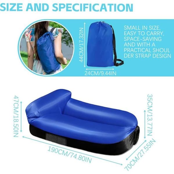 Oppustelig strandliggestol 200x70 cm, blå/sort polyester, luftfyldt udendørs hængekøjestol til camping/strand