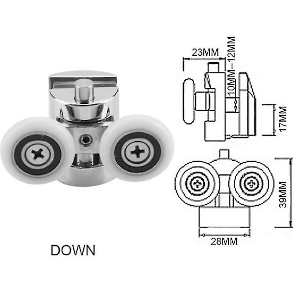 Set med 4 doble hjul til skyvedør for dusj, 2 hjul 23 mm diameter sinklegering bad