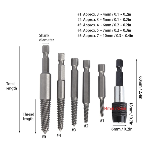 6 stk. skrueudtrækker sæt til træarbejde med sekskantet skaft og fine tænder