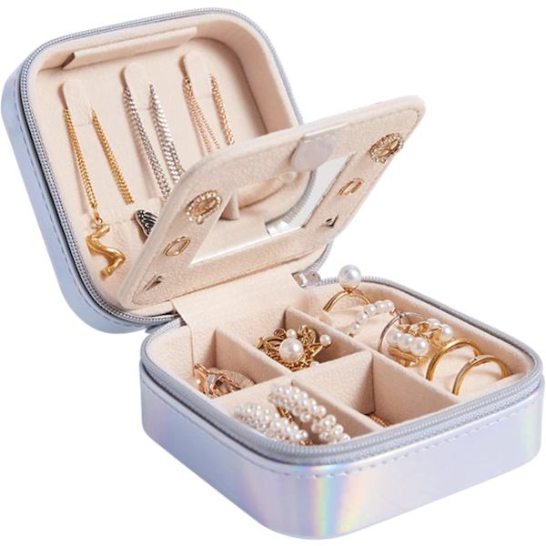 Mini bærbar smykkeskrin arrangør, rejse smykkeskrin, læder dobbelt lag smykkeskrin med spejl, smykkeskrin piger kvinder (lyse farver)
