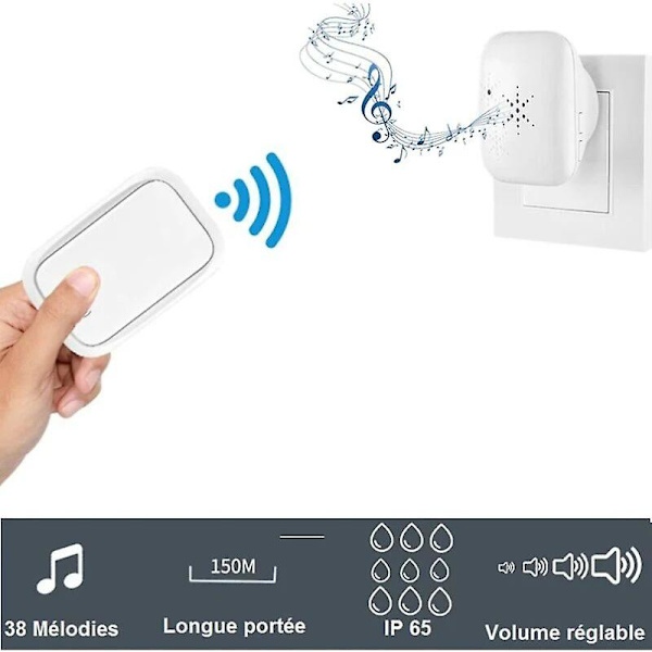 Trådløs og batteriløs udendørs dørklokke, vandtæt IP 65, sne, regn, fugt, hvid