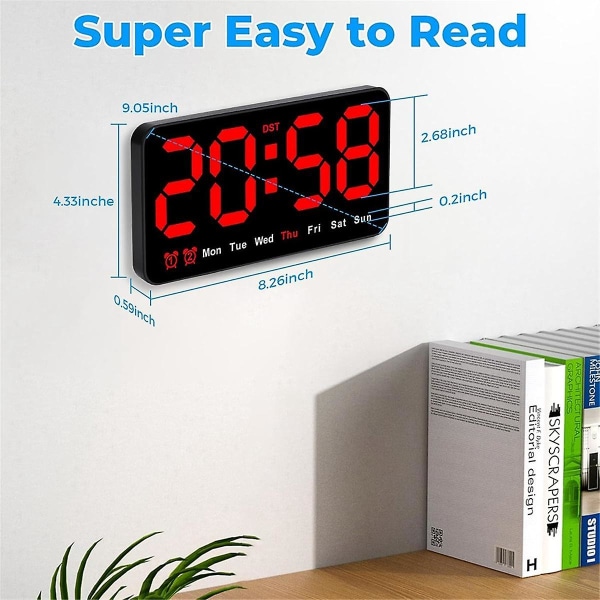 Digitalt vægur, 9-tommer LED digitalt ur med 12/24h, store tal, lille stille vægur - sortrøde bogstaver