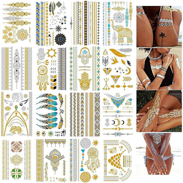 16 arkkia metallisia väliaikaisia tatuointeja naisille, teini-ikäisille tytöille - Kultaiset ja hopeiset väliaikaiset tatuoinnit, glitter-kiiltokuviot, korutatuoinnit, flash-väärennösvedenpitävät