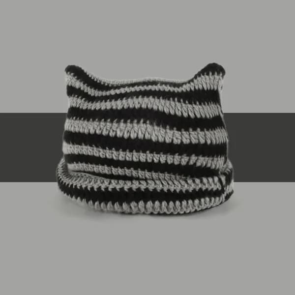 Strikket kattehue med ører, stribet vintervarm elastisk hue, sort og grå