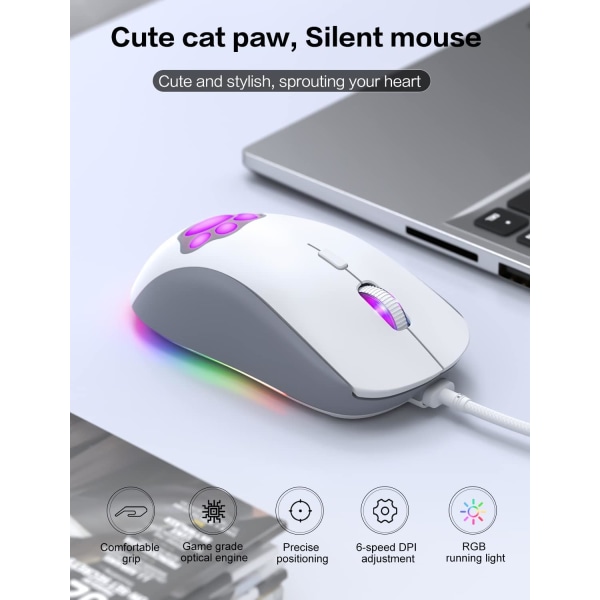 Katt tass RGB spelmus, tyst optisk datormus USB-kabel med 6 justerbar DPI upp till 7200, RGB-belysning, 6 programmerbara knappar, vit