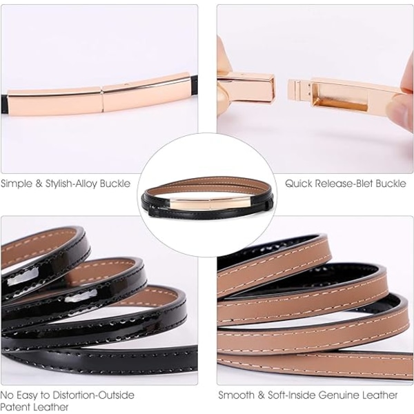 Women Skinny Leather Belt Shiny Adjustable Slim Thin Waist Belt with Gold Alloy Buckle for Dresses( black)