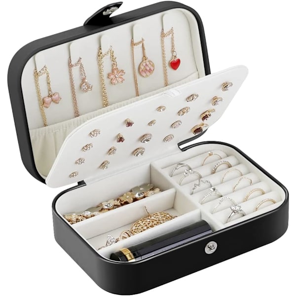 Smykkeboks arrangør liten reise PU lær smykker oppbevaringsboks for ringer øredobber halskjede armbånd smykker gaveeske jenter kvinner (svart)