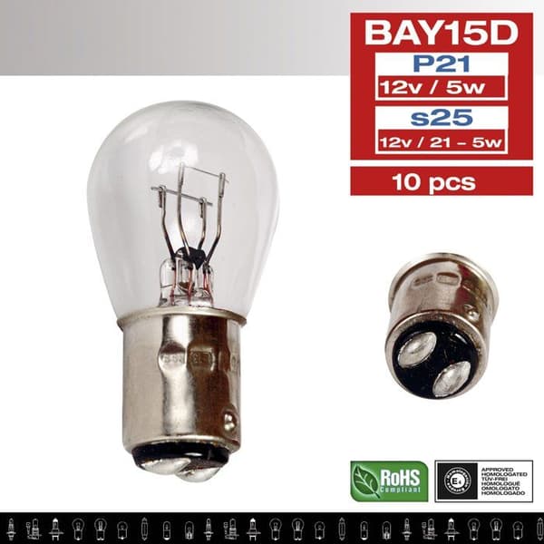 10 Stopplyspærer 12V 21W/5W 2 Plots Bay15D