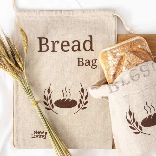 2 Pack New Living Natural Linen Bread Bag | Økologisk blanding | 2 x genanvendelige brødposer | Madopbevaringspose | Opbevaringsposer til brød | 38x27 cm | Øko brødpose