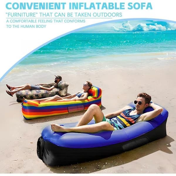 Oppustelig strandliggestol (200x70 cm), blå/sort polyester, luftfyldt udendørs hængekøjestol til camping og strandbrug