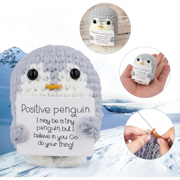 Rolig positiv pingvin, 2,6 tum emotionellt stöd pingvinleksak med positivt kort pingvin gåvor virkad handgjord docka för vänner uppmuntran dekoration Gray